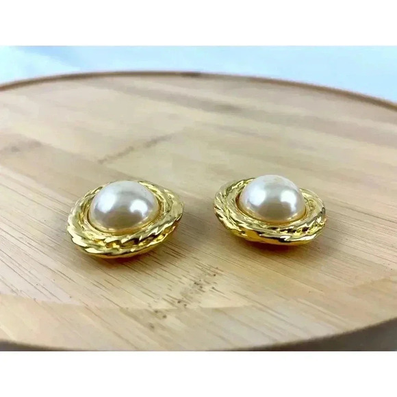 VTG Signed Bluette Shoe Clips Faux Pearl Gold Tone Textured 1980s - Picture 4 of 10